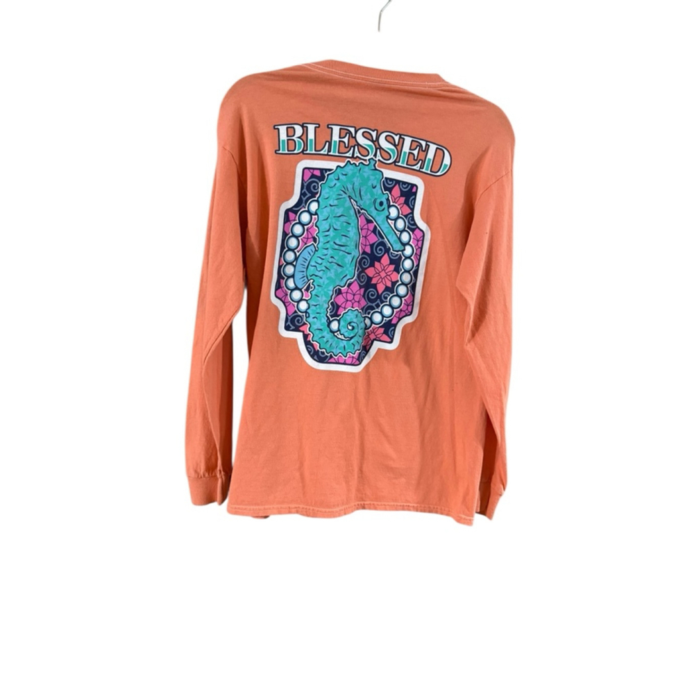 Women's Benny & Belle Long Sleeve Tee M Orange Blue Seahorse - Picture 3 of 8